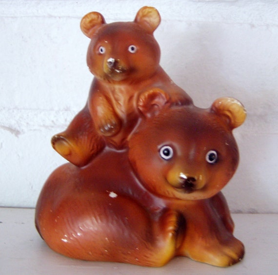 Adorable Rustic Mommapapa Bear Baby Figurine Napco Shabby Chipped Paint 1950s Japan Hand Painted Clay - 