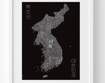 Mapa tekstowa Zjednoczonej Korei – do pobrania w wersji cyfrowej – mapa typograficzna w języku Hangul – wiele dostępnych kolorów