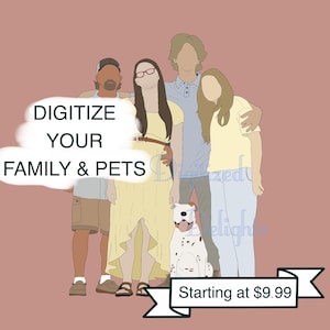 May include: Digital illustration of a family with a dog, in a minimalist style. The image features four people and a Dalmatian dog, with the text "DIGITIZE YOUR FAMILY & PETS". The background is a solid muted pink.