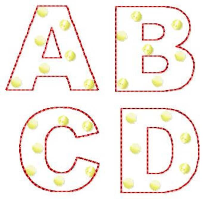 May include: Four red outlined letters, A, B, C, and D, with yellow polka dots on a white background.