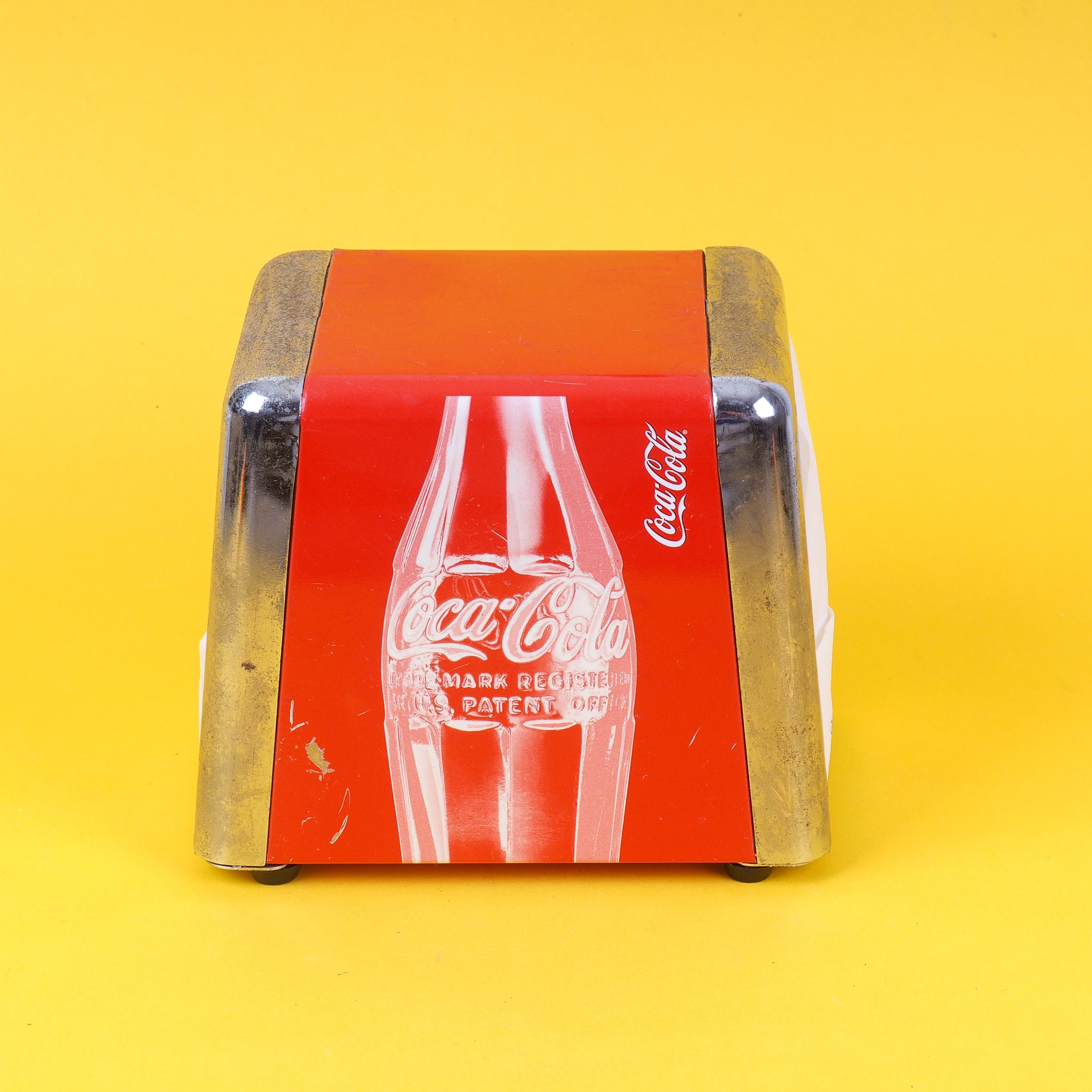 Alter Coca Cola Serviettenspender. Retro gebrauchter  Papiertaschentuchhalter. Vintage Coke Werbung aus Metall und Chrom.  Kostenloser Versand. Bar Dekoration - .de