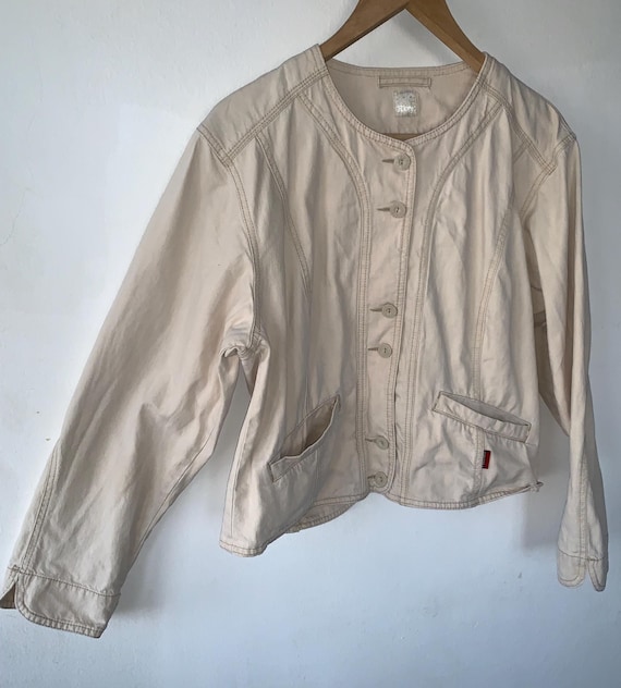 Vintage Y2K 90s Tweans Wear Cream Cotton Denim Boxy Short Jacket Shirt Large XL Chest 42''