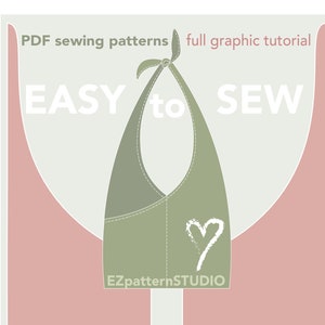 May include: A green fabric bag with a heart drawn on it. The bag is tied at the top with a ribbon. The text "EASY to SEW" is written in white letters on a light green background. The text "EZpatternSTUDIO" is written in white letters on the bottom of the bag. The text "PDF sewing patterns full graphic tutorial" is written in white letters on the top of the image. The text "ez-7004" is written in white letters on the bottom right corner of the image.
