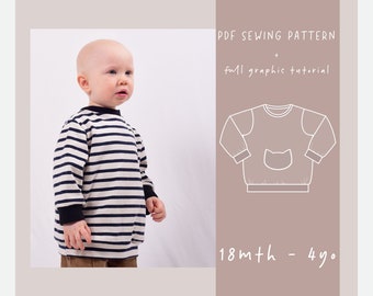 Ruimvallend sweatshirt pdf-naaipatroon voor peuters/ 18 mnd - 2 jaar - 3 jaar - 4 jaar/ naaipatronen peuter pdf/ eenvoudig naaipatroon / ez-2007