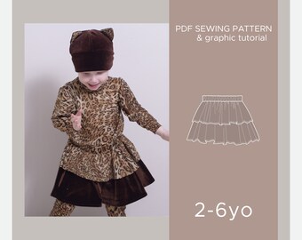 Tweelaagse rok pdf-naaipatroon voor peutermeisjes / 2 3 4 5 6 jaar / ez-6003