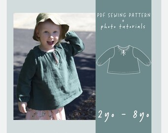 Eenvoudig naaipatroon meisjestop: ingezette mouwen, maten 2-8 (pdf-patroon)