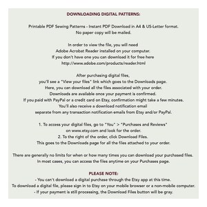 K&ouml;nnte beinhalten: Ein wei&szlig;er Hintergrund mit schwarzem Text, der erkl&auml;rt, wie man digitale Schnittmuster herunterl&auml;dt, die auf Etsy gekauft wurden. Der Text enth&auml;lt Anweisungen, wie man auf die Dateien zugreift, wie man sie herunterl&auml;dt und Hinweise zum Herunterladen &uuml;ber die Etsy-App.