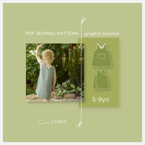 Cross-back Reversible Pinafore Apron/Dress with POCKET PDF Sewing Patterns for Girls / SIZES 5yo - 9yo / ez-2103