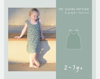 A-lijn overgooier met bandjes en knopen (pdf) naaipatroon voor meisjes // 2-8 jaar // ez-1203