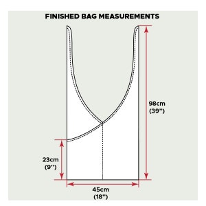 K&ouml;nnte beinhalten: Diagramm, das die Ma&szlig;e einer fertigen Tasche zeigt. Die Tasche ist 98 cm hoch, 45 cm breit und 23 cm tief.