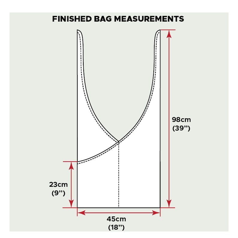 K&ouml;nnte beinhalten: Diagramm, das die Ma&szlig;e einer fertigen Tasche zeigt. Die Tasche ist 98 cm hoch, 45 cm breit und 23 cm tief.