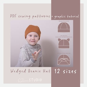 May include: A PDF sewing pattern for a wedged beanie hat with 12 sizes. The pattern includes instructions for making a hat with ears, a knotted turban style hat, and a wedged beanie hat. The image shows a child wearing a brown beanie hat.