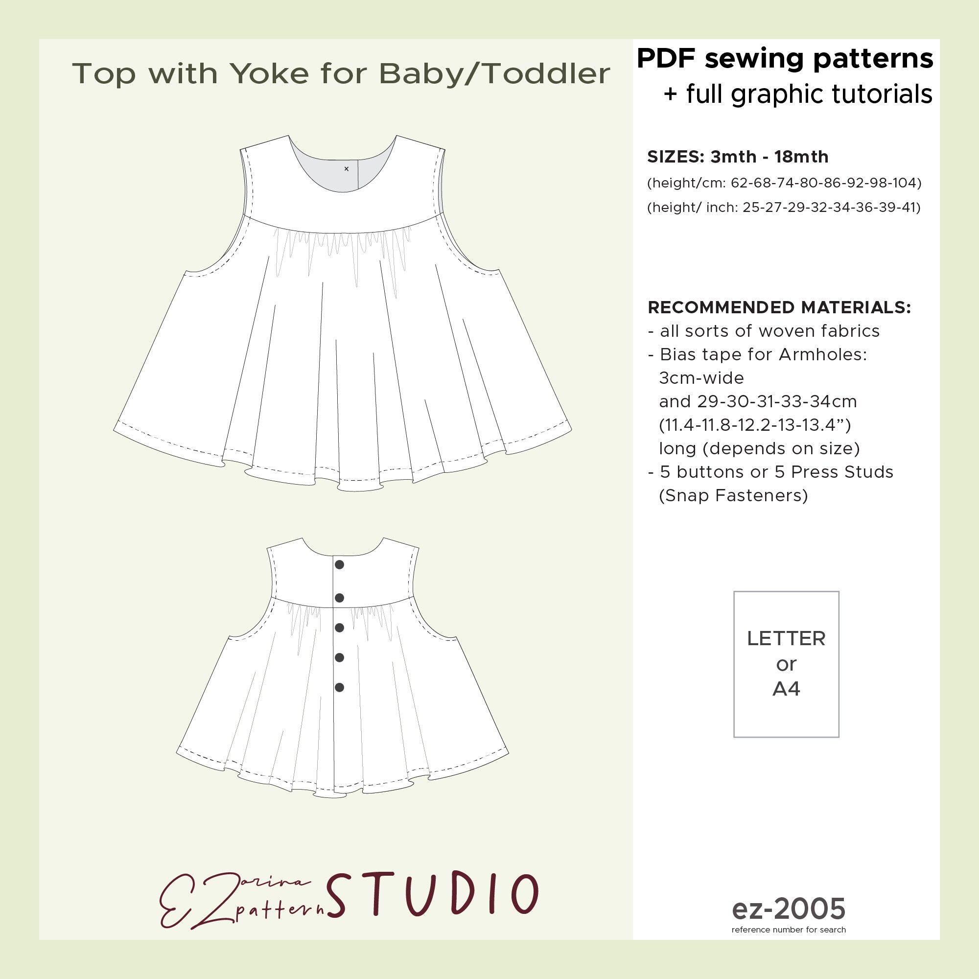 Toy Tops Patterns Top With Yoke PDF Sewing Pattern for Baby/toddler /SIZES: 3mth - 18mth ...