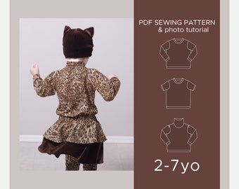 Basis jersey top pdf naaipatroon voor kinderen / 2-7 jaar/ patroon / coltrui/ top met lange mouwen/ topje met korte mouwen/ ez-2204