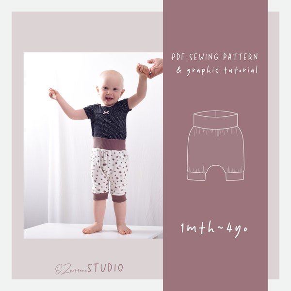 Harem Shorts with Hight Waistband & Cuffs PDF Sewing Patterns for Baby/Toddler/ Sizes  1 3 6 9 12 18 mth - 2 3 4yo// ez-5202