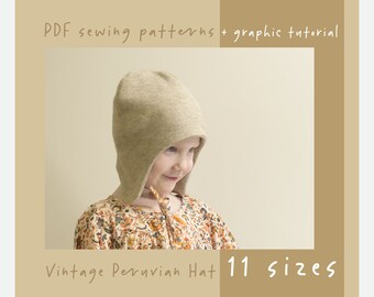 Patrón de costura en PDF de gorro peruano vintage para niño/adolescente/adulto (tallas de cabeza: 38-58 cm) // ez-7103