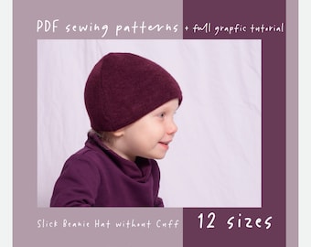 Gladde beaniemuts zonder manchet pdf-naaipatroon voor kind/tiener/volwassene 12 MATEN (Hoofdmaten 36-58 cm) // ez-7105