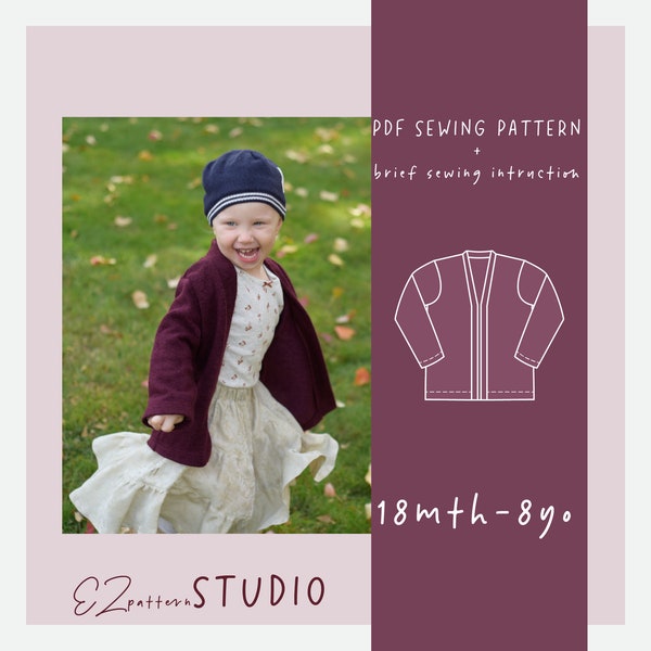 Cardigan PDF Sewing Pattern for Kids / 18 mth 2 3 4 5 6 7 8 yo / Easy Loose Fit Cardigan / ez-3002