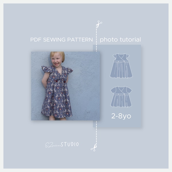 Wrap Dress/Blouse with optional Angel Wings/Short Sleeves PDF Sewing Pattern for Girls // 2 - 8yo // ez-1301