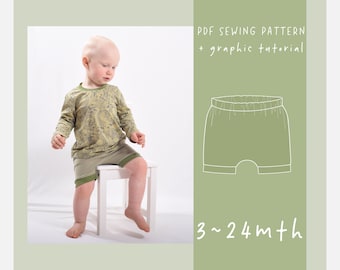 Short met elastische taille en manchetten pdf naaipatronen voor baby/peuters / maten 3 6 9 12 18 24 mnd / patronen luierhoezen /ez-5011