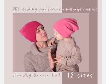 Slouchy Beanie Hat PDF Sewing Pattern, 12 Sizes (36-58cm)