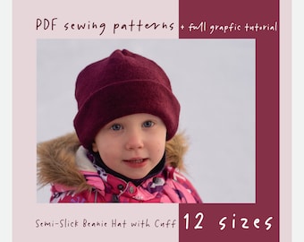 Semi-Slick Beanie Hat with Cuff PDF Sewing Pattern for Child/Teen/Adult  12 SIZES (Head Sizes 36-58cm) //ez-7104