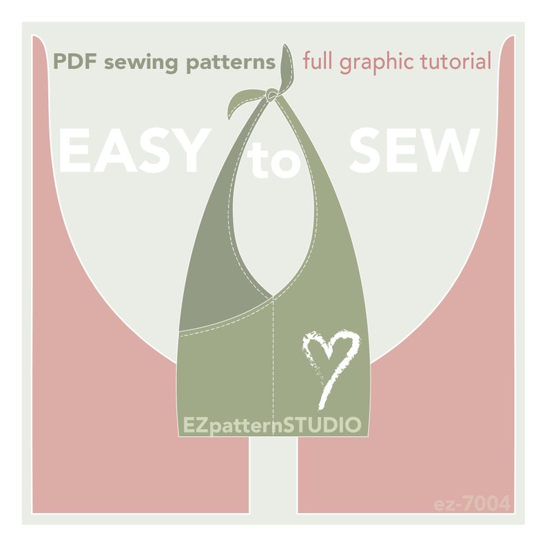 K&ouml;nnte beinhalten: Eine gr&uuml;ne Stofftasche mit einem darauf gezeichneten Herzen. Die Tasche ist oben mit einem Band gebunden. Der Text "EASY to SEW" ist in wei&szlig;en Buchstaben auf einem hellgr&uuml;nen Hintergrund geschrieben. Der Text "EZpatternSTUDIO" ist in wei&szlig;en Buchstaben am unteren Rand der Tasche geschrieben. Der Text "PDF sewing patterns full graphic tutorial" ist in wei&szlig;en Buchstaben oben im Bild geschrieben. Der Text "ez-7004" ist in wei&szlig;en Buchstaben in der unteren rechten Ecke des Bildes geschrieben.