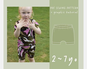 Short met elastische taille en manchetten pdf naaipatronen voor kinderen / maten 2 3 4 5 6 7 jaar/ luierovertrekpatronen /ez-5011