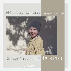 May include: PDF sewing patterns and a graphic tutorial for a slouchy Peruvian hat in 10 sizes. The image shows a child wearing a gray slouchy hat with ear flaps.
