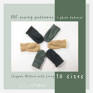 May include: Six pairs of fleece mittens in various colours, including green, brown, and grey, arranged in a star shape on a white background. The text "Chopper Mittens with Lining 10 sizes" and "E2patterns STUDIO" are visible below the mittens.