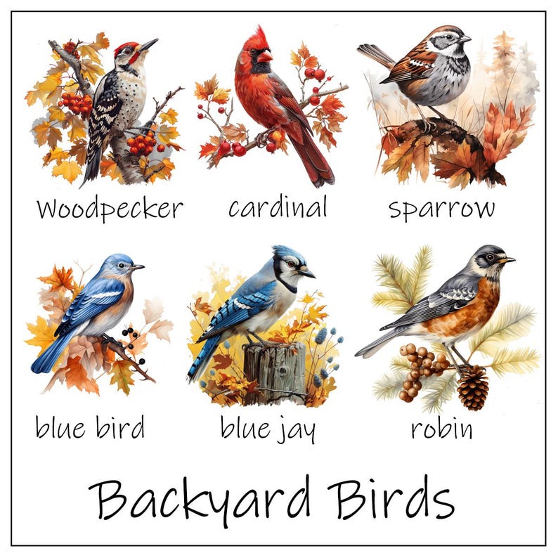 May include: Watercolor illustrations of six backyard birds: woodpecker, cardinal, sparrow, blue bird, blue jay, and robin. Each bird is perched on a branch or post with autumn foliage. The text "Backyard Birds" is at the bottom.