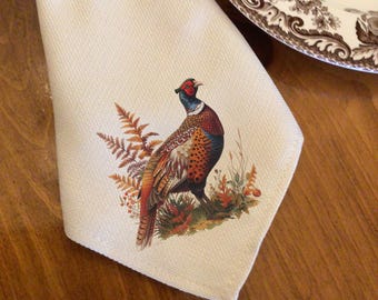 Tan or Ivory Dinner Napkins "Linen:", Set of Six - Autumn Fall Thanksgiving Pheasant