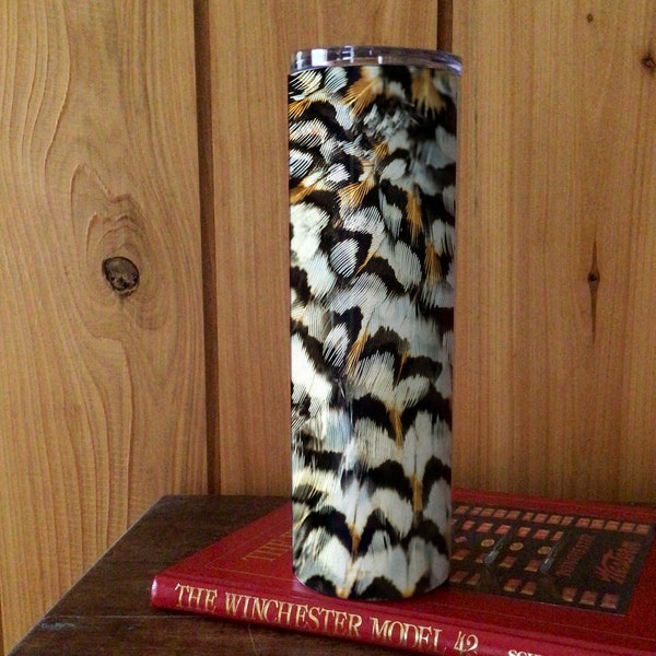 Stainless Steel, White 30 0z Skinny Insulated Tumbler - Bobwhite Quail Feathers