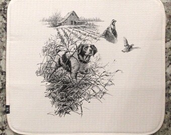 Microfiber Absorbent Ivory Dish Drying/Kitchen Mat 16" x 18", Brittany Spaniel and Bobwhite Quail