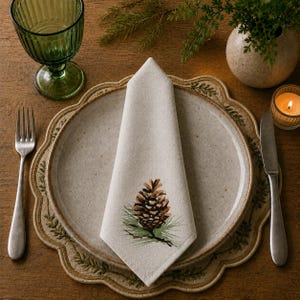 May include: A cream-colored cloth napkin folded into a triangle, featuring a watercolor-style illustration of a brown pinecone with green needles. The napkin is centered on a speckled ceramic plate, which rests on a scalloped-edge placemat.