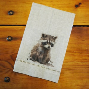 Hemstitched &quot;Linen&quot; Tea Towel - Raccoon