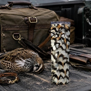 Stainless Steel, White 30 0z Skinny Insulated Tumbler - Bobwhite Quail Feathers