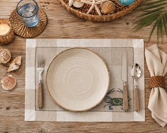 Plaid Hemstitch Placemats Ivory, Set of Six - Assorted Seafood