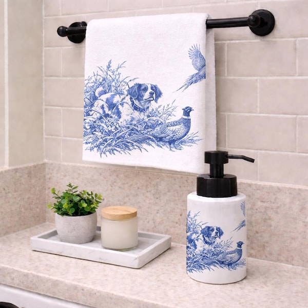 Brittany Spaniel & Pheasant Toile Soap Dispenser and Polycotton Towel, - Bath/Kitchen Decor
