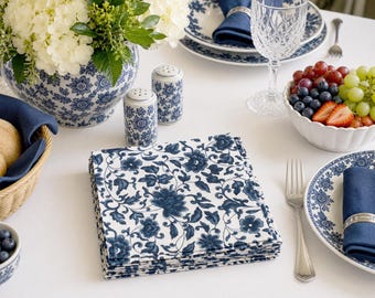 Cocktail/Luncheon White Restaurant Napkins, Set of Six - Blue Flowers