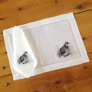 Hemstitch Napkins and Placemats and Cocktail/Beverage - Bobwhite Quail