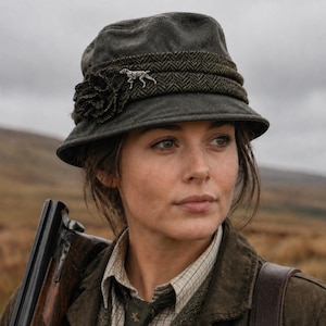 May include: A dark gray hat with a decorative band and a dog pin. The hat has a flower on the side. The person in the image is wearing a plaid shirt and a dark green jacket. A shotgun is visible.