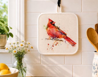 Cardinal, Red Bird - Pot Holder - Natural "Linen"