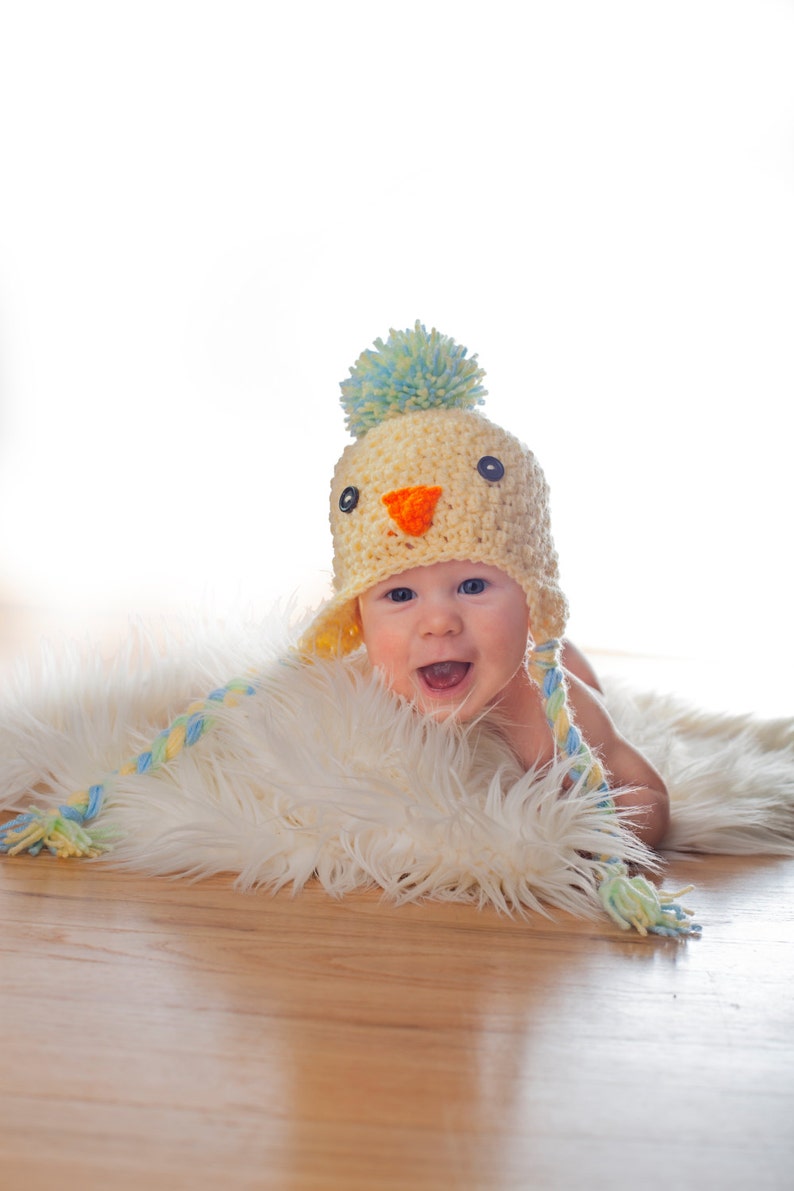 BABY CHICK Easter Hat, Crochet Photo Props, baby shower gift, Easter Props, bringing home baby, preemie, newborn to 24 months image 1