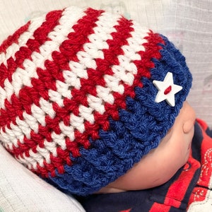 Crochet patriotic hat, bringing home baby hat, July 4th Hat, Shower Gift, Photo Props, Preemie, Newborn to Adult sizes available image 2