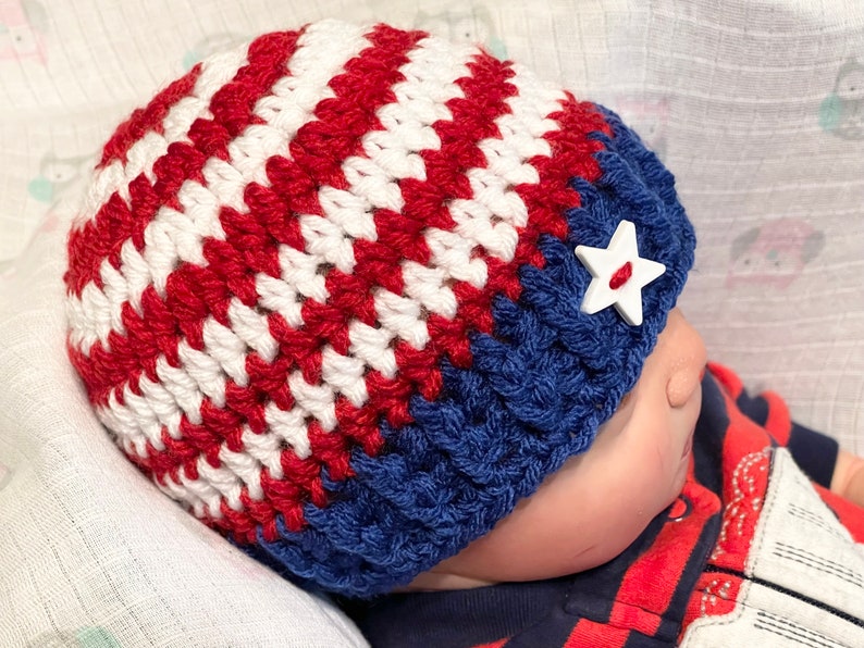 Crochet patriotic hat, bringing home baby hat, July 4th Hat, Shower Gift, Photo Props, Preemie, Newborn to Adult sizes available zdjęcie 2