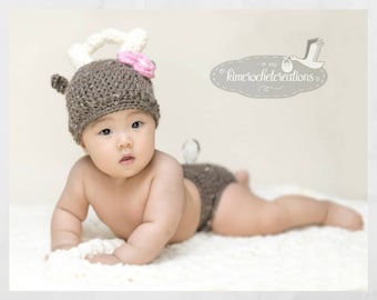 Crochet DEER Girl Hat, Diaper Cover, MADE to ORDER, Baby Girl Photo Props, Shower Gift, bringing home baby outfit, Preemie, Newborn to 6 mo