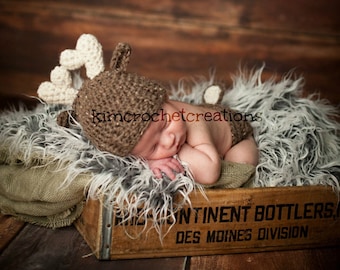 Crochet DEER Antler Hat  Diaper cover set MADE to ORDER Animal hat Photo Props Shower Gift Available in Preemie, Newborn up to 12 months