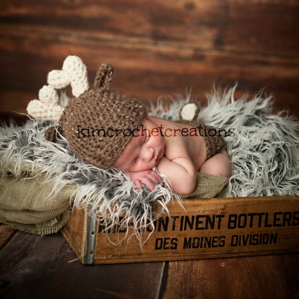 Crochet DEER Antler Hat  Diaper cover set MADE to ORDER Animal hat Photo Props Shower Gift Available in Preemie, Newborn up to 12 months