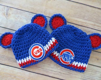 Baseball Crochet Hat, Newborn to Toddler, Baseball Novelty Hat, Cubs or Bear Patch, photo props, Made to Order